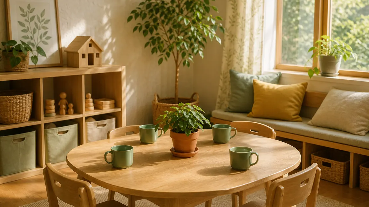 A sunlit wooden kitchen table in a cozy home daycare, with four sage-green mugs and a potted plant.