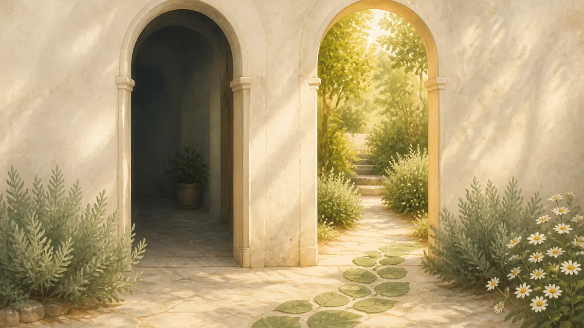 Two arched doorways in a cream wall — one shaded, one opening onto a sunlit garden path.