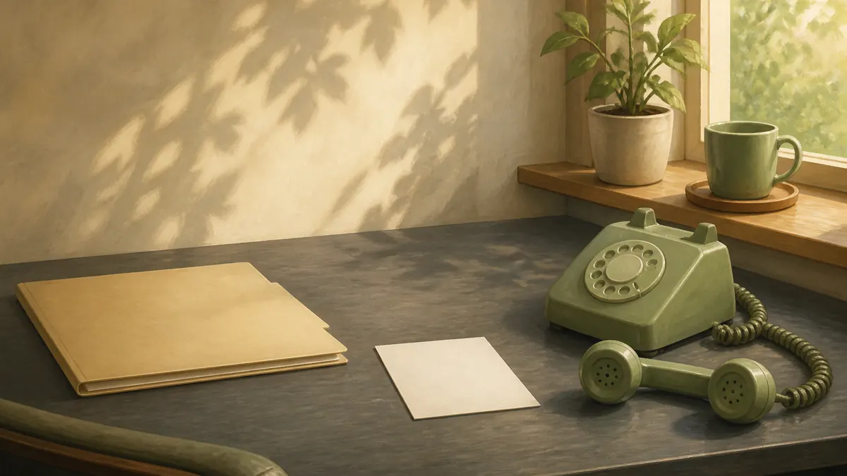 A sage-green vintage telephone with the handset off the hook on a gray desk beside a folder and a blank slip of paper.