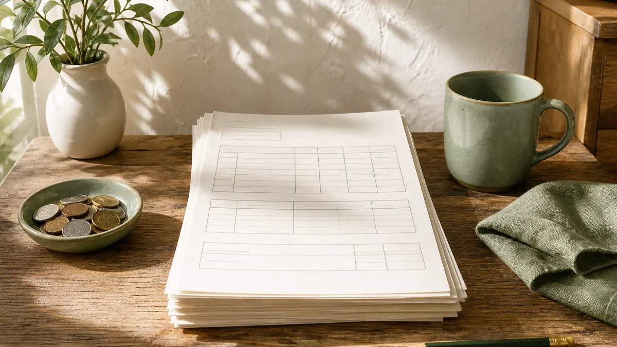A stack of paper invoices, a bowl of coins, and a pencil on a sunlit wooden desk.