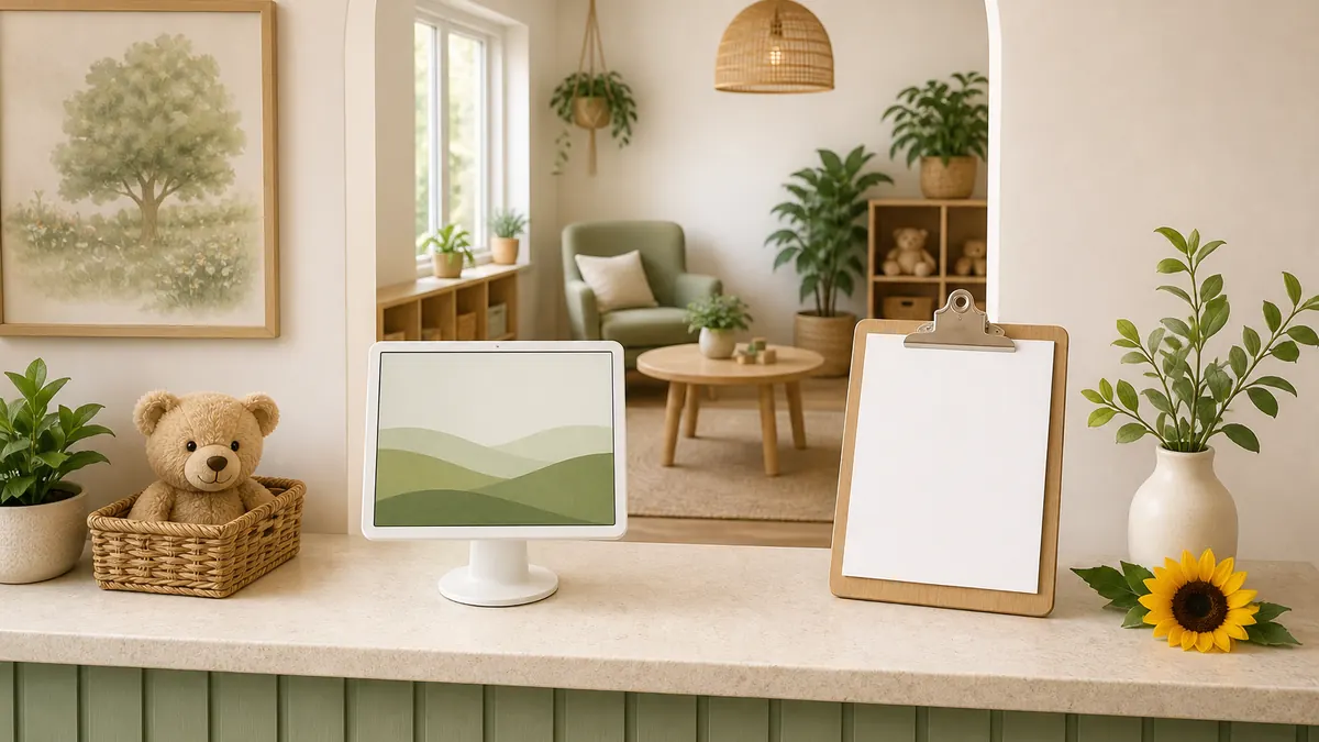 A reception counter with a tablet kiosk and a wooden clipboard, looking through an arch into a plant-filled room.