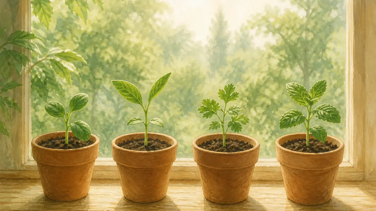 Four small seedlings in terracotta pots lined up on a sunlit windowsill.