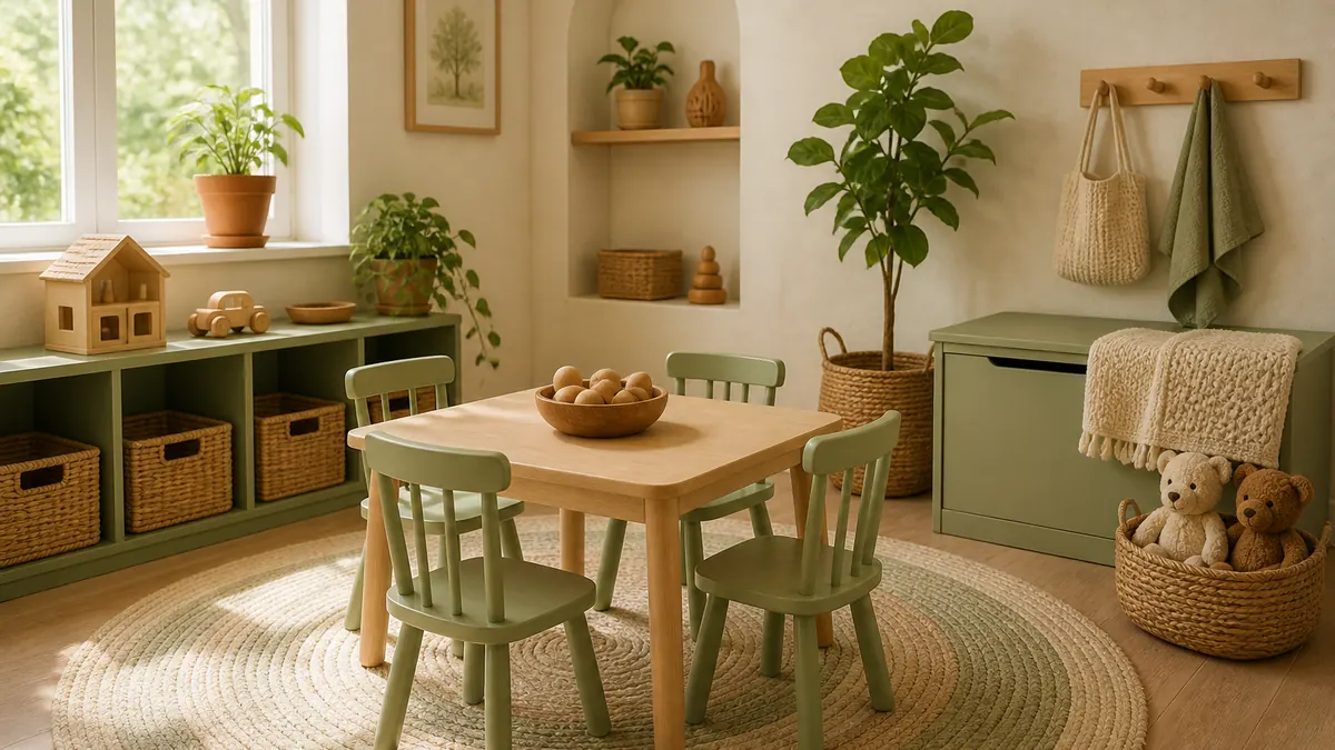 A sunlit home daycare room with a small wooden table, four sage-green chairs, and woven storage baskets.