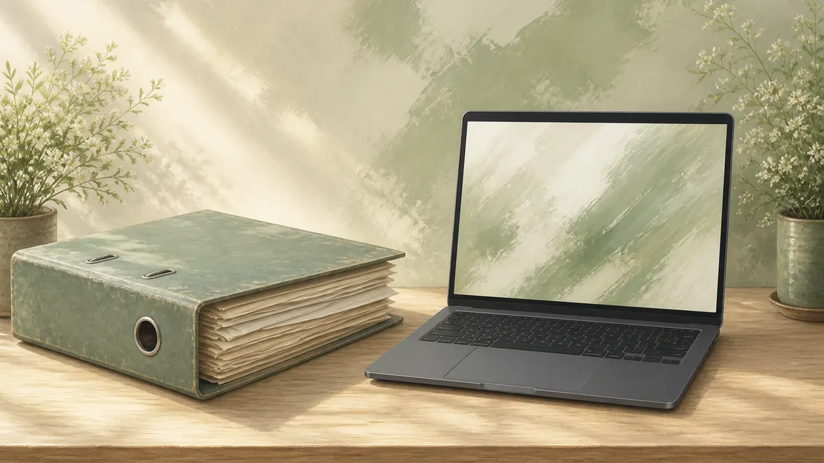 A thick sage-green paper binder next to an open laptop on a light wooden desk.