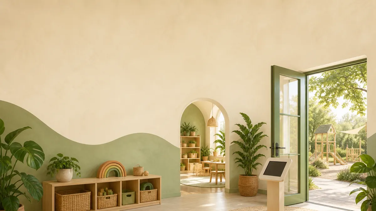 A sunlit daycare lobby with a wooden check-in kiosk, cream walls, and an open door to a garden playground.