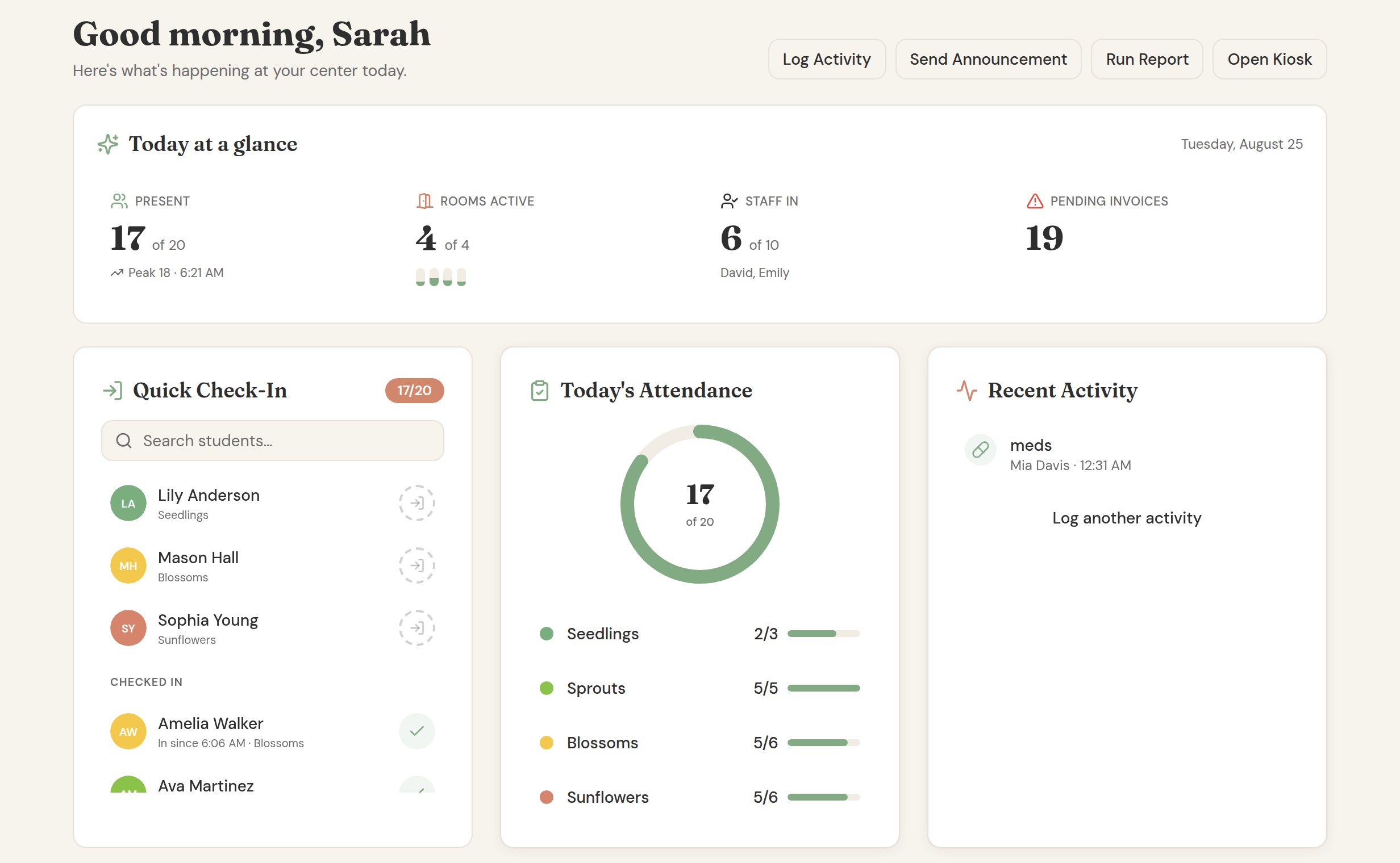 HappyGarden director dashboard on a lived-in morning — children present, rooms active, meals and notes already logged