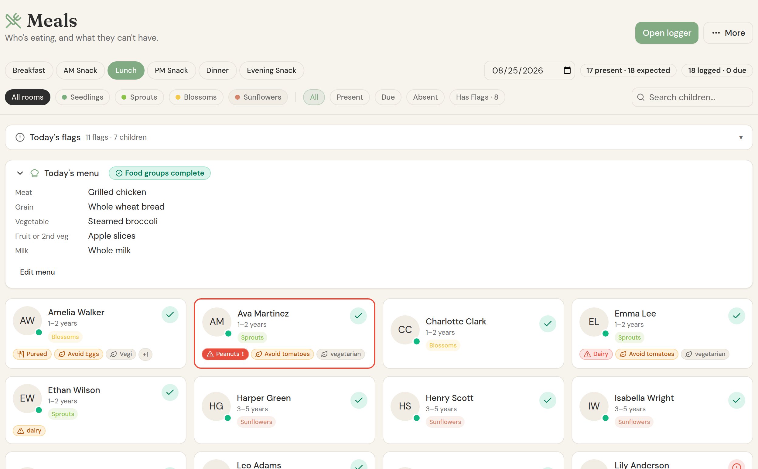 Meals workspace showing each child's allergies and dietary flags before serving