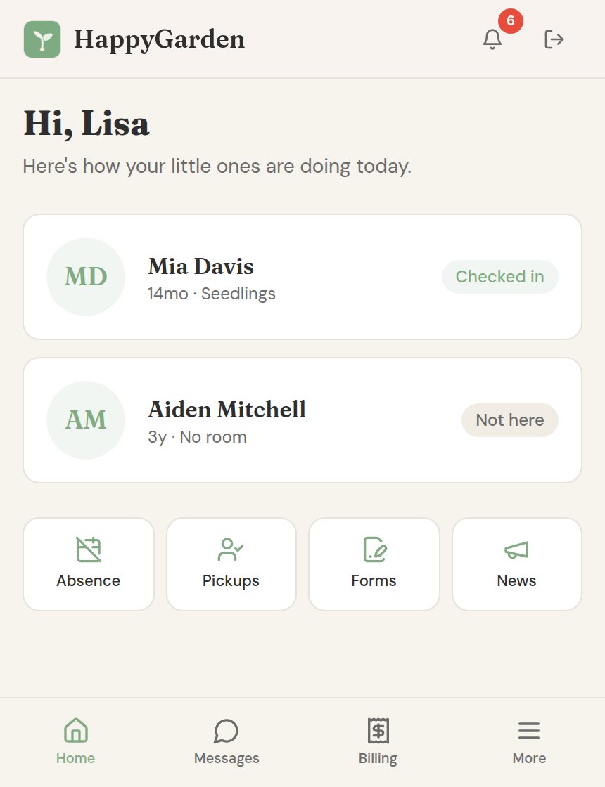 Parent mobile home screen showing their child's day and pending items